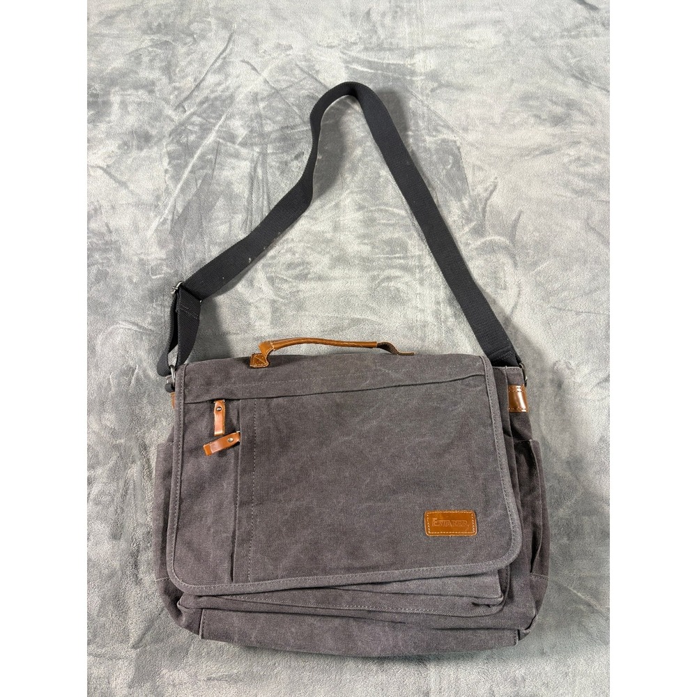 Estarer Canvas Messenger Bag Laptop Shoulder Bag Gray Leather Trim Crossbody